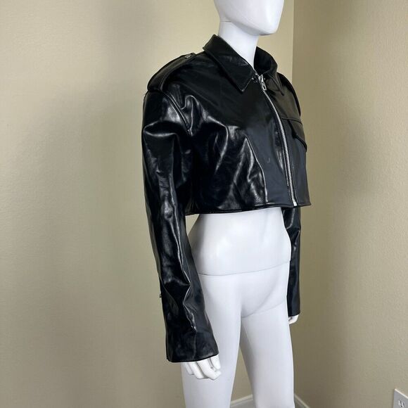Zara Women's Size L Black Faux Leather Cropped NEW Jacket Boxy Blogger Moto Punk - Picture 8 of 17